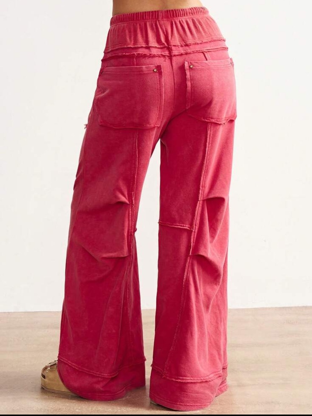 Wide-Leg Drawstring Boho Pants - Rose Red - Picture 3 of 11